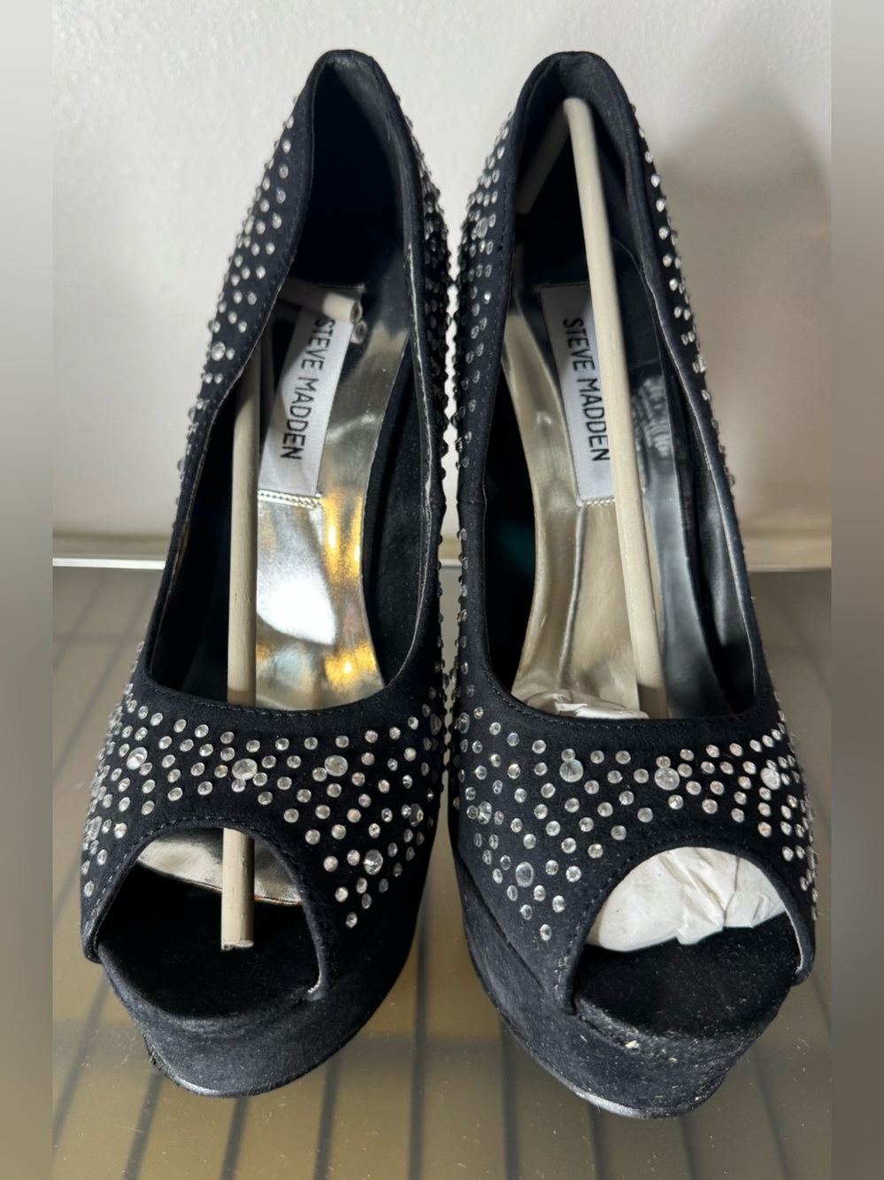 Steve Madden Black Crystal-Embellished Peep Toe Platform Pumps suede sz 7.5 - Picture 2 of 8